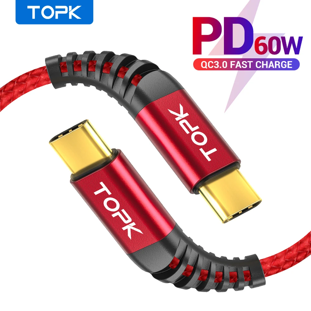 Кабель TOPK 60 Вт PD USB Type C к для зарядного устройства QC3.0 3A кабель быстрой зарядки