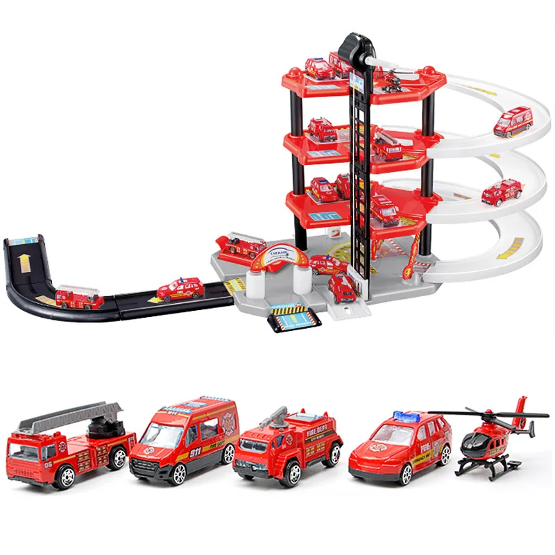 

Track Toy Engine Models DIY Assembly Carpark Fire Engine Car Garage Parking Lot Alloy Roller Rail Pretend Play Building Blocks