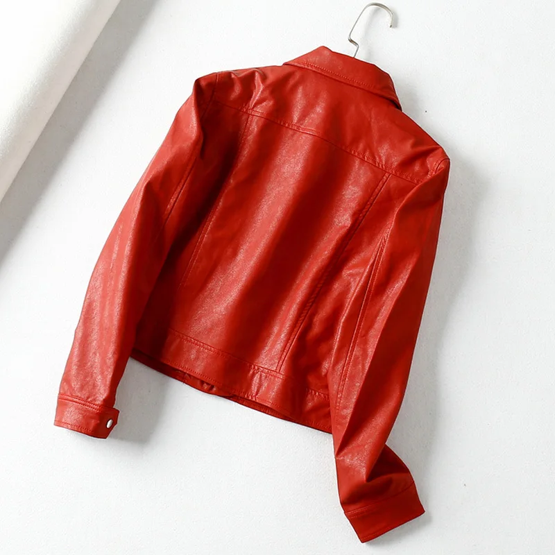 Autumn Turndown Collar Faux Soft Leather Short Jacket Women Pu Moto Zipper Basic Jackets Female Red Coats | Женская одежда