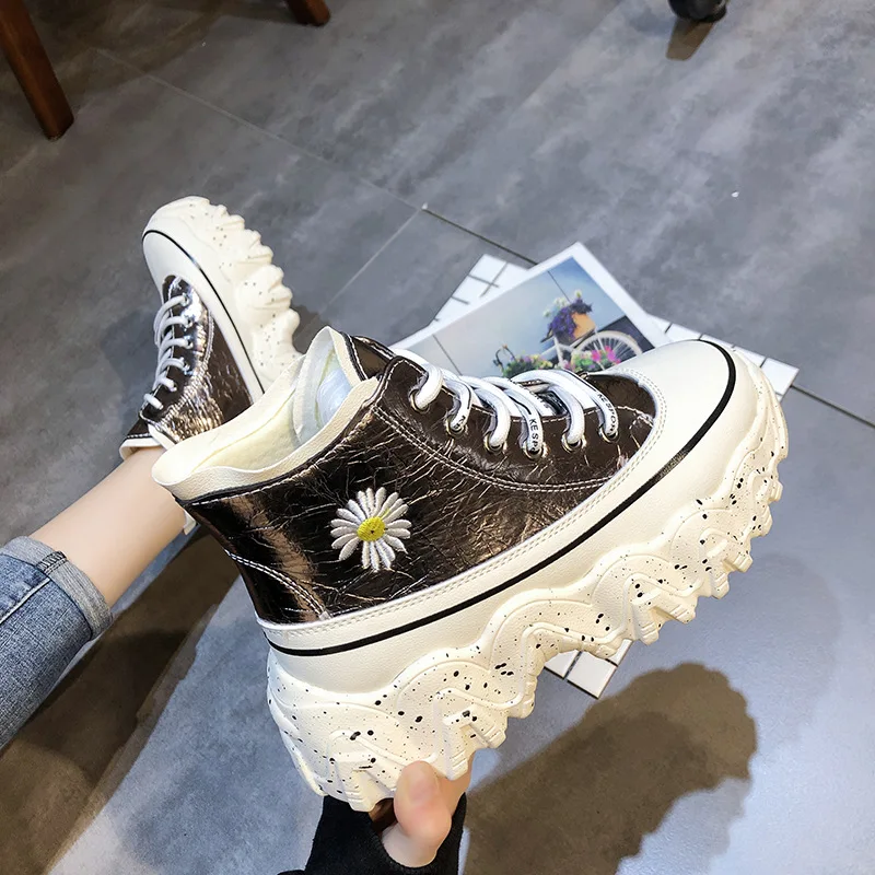 

SWYIVY Embriodery Flower Platform Sneakers Women Vulcanized Shoes High Top 2020 Spring New Female Causal Shoes Chunky Sneakers