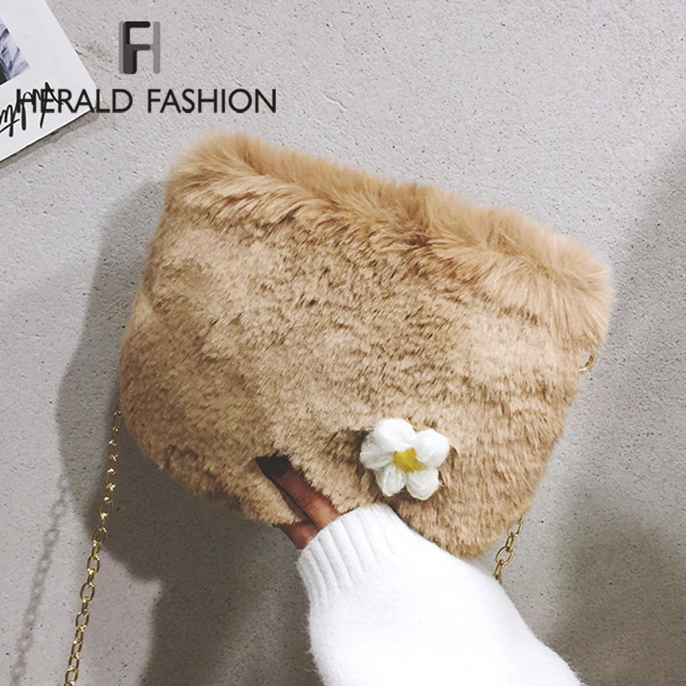 Fashion Faux Fur Women Crossbody Bag Winter Plush Fower Decoration Messenger Office Casual Female Shoulder Handbag | Багаж и сумки