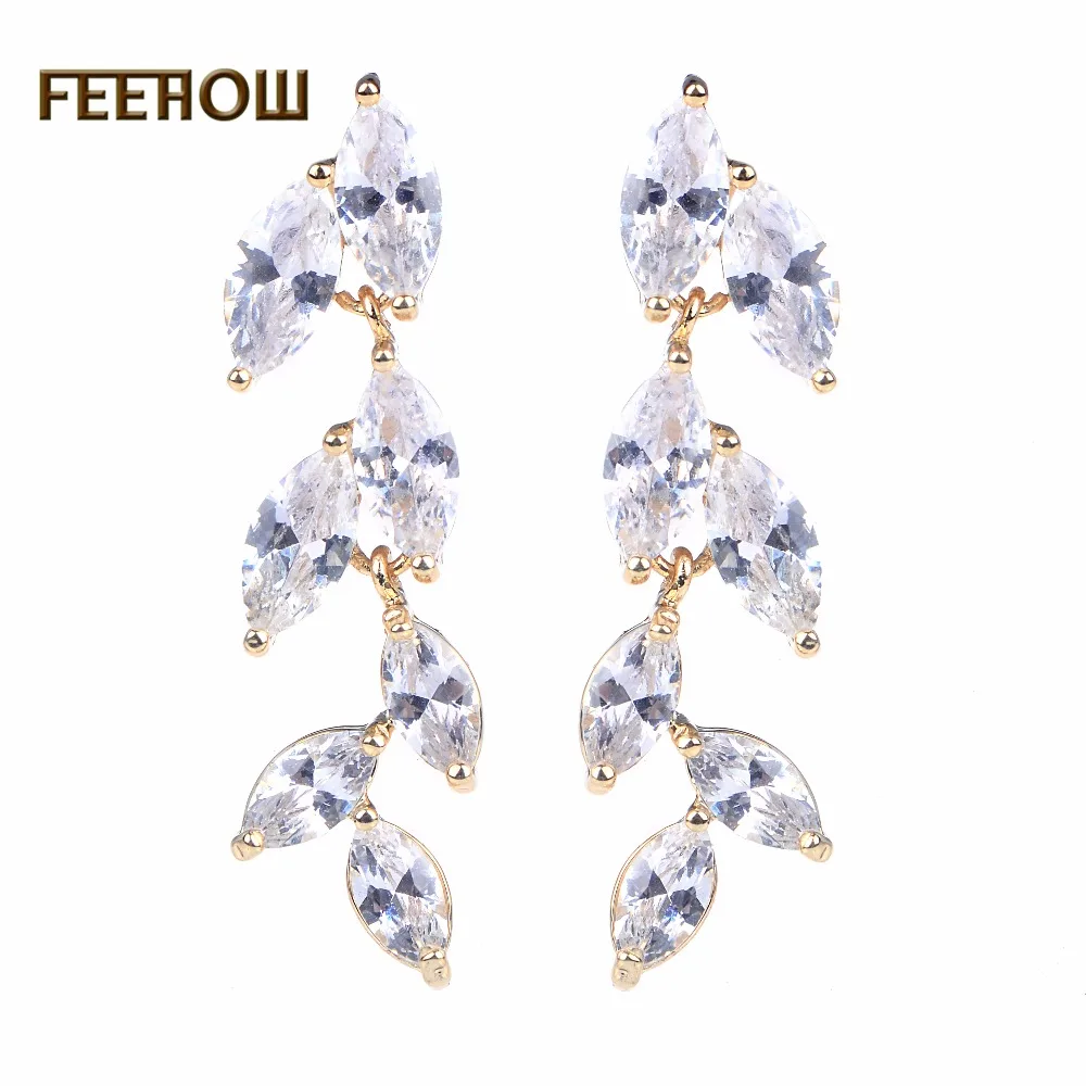 

FEEHOW New White AAA CZ Zircon Crystal Drop Earrings Gold Color Leaf Earring Fashion Jewelry for Women FWEP512