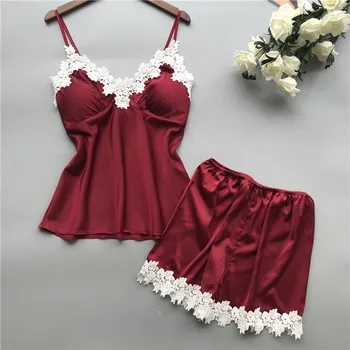 

Summer ice silk pajamas with chest pad sexy silk suspenders shorts pajamas two-piece suit female European and American home serv