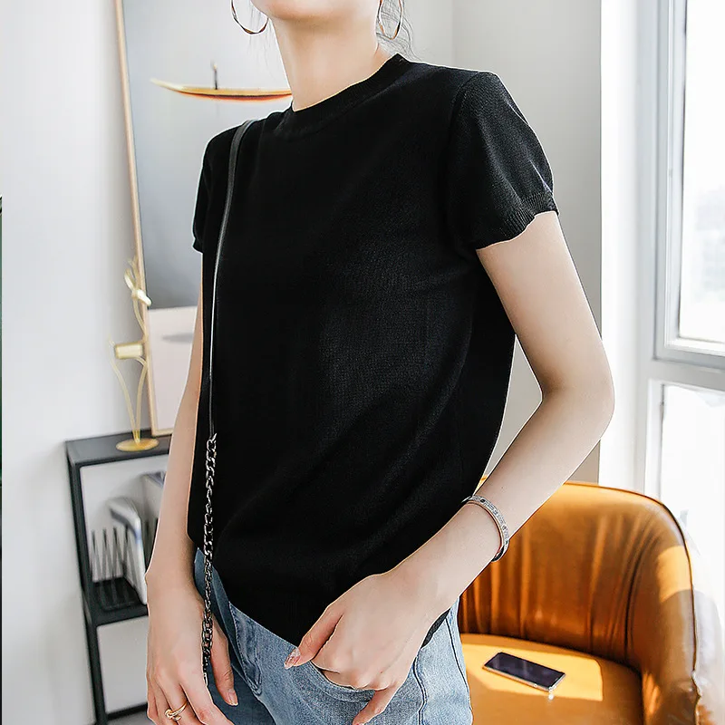 Simple Solid Color Casual Short Sleeve Round Neck High Elastic T-shirt Bottom T-shirt Spring Summer Autumn 2020
