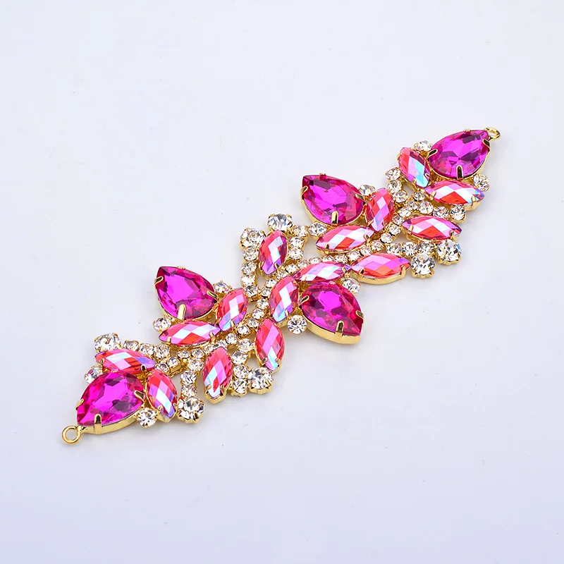 JUNAO 4.5x14cm 로즈 레드 블루 AB 크리스탈 체인 라인 석 커넥터 꽃 유리 Strass Applique 비키니 브래지어 스트랩 트림 DIY