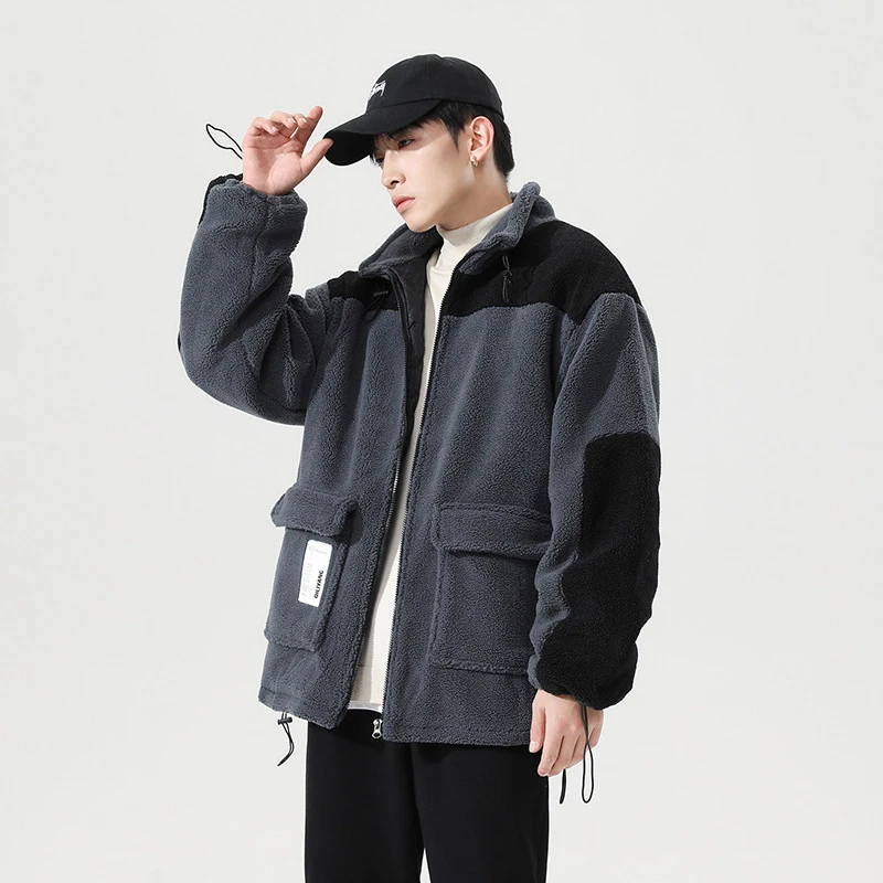 Winter 2021 Men's Imitation Lambs Wool-like Warm Jacket Korea Leisure Loose Coat Male Adolescents Colorant Match Color Clothes leather jacket for men