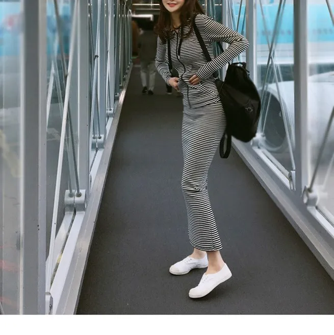 

Korean Style Fall Women Striped Long Sleeve Casual Sets Zipper Hoodies Top Skirts Sets Elastic Waist Slim 2 Piece Set