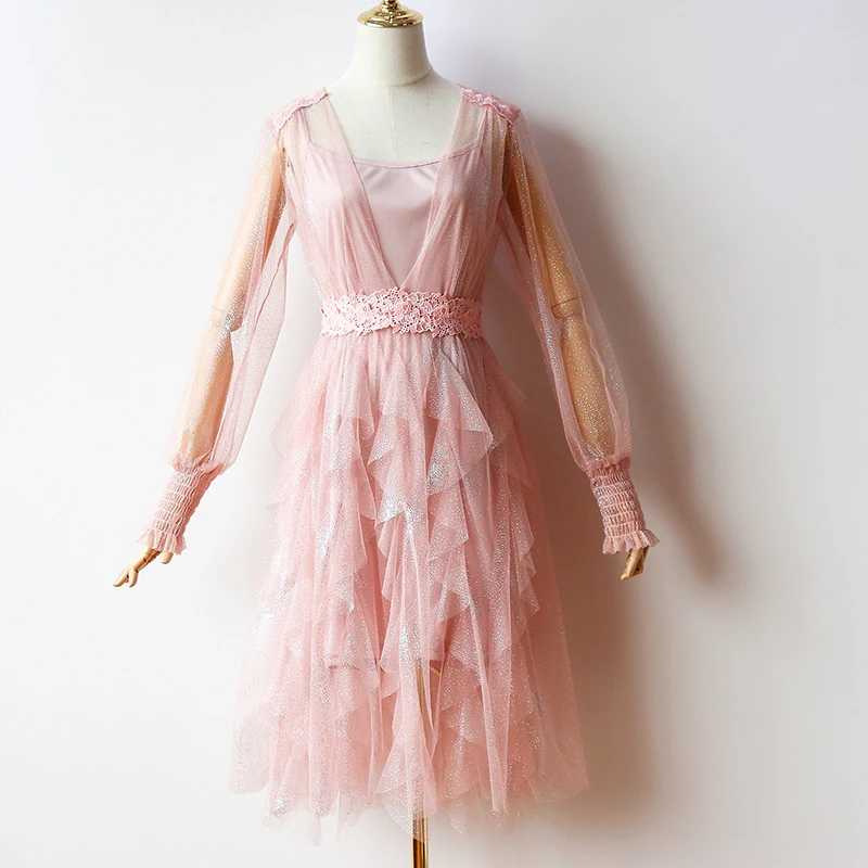 

2Pcs/set Pink Bridesmaid Dresses Elegant Long Sleeves Knee-Length Tulle Illusion Spandex Wedding Party club Prom Sexy Vestido