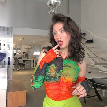 

fashion National wind tie-dye mesh yarn T-shirt for women summer thin crop top 2020 high quality Sleeve design tees mujer