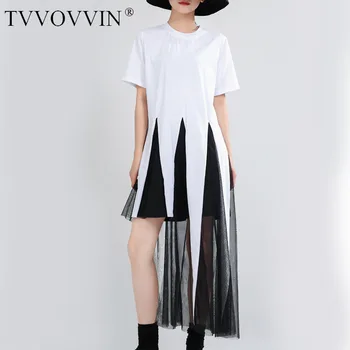 

TVVOVVIN 2020 Summer New O-neck Mesh Patchwork T-shirt Irregular Short Personality Street Trendsetter Girl Female w0013