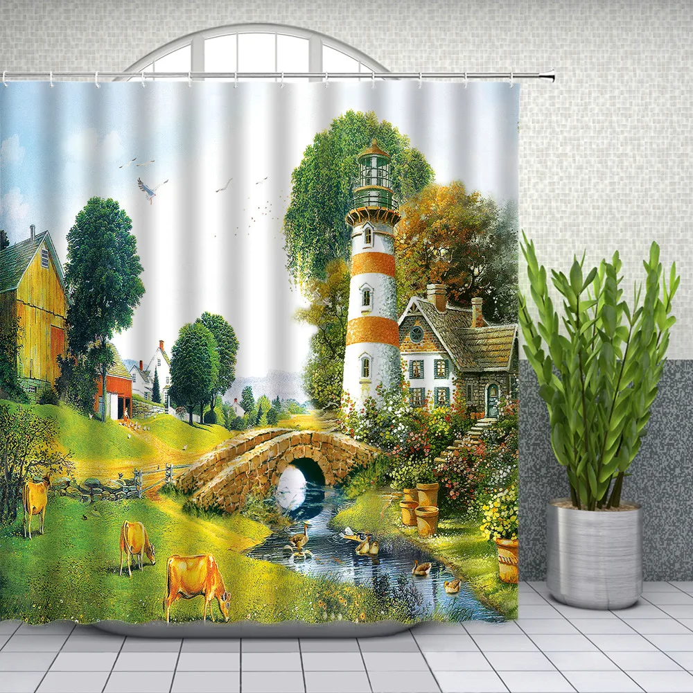 

Retro Oil Painting Garden House Landscape Shower Curtains Natural Scenery Bathroom Decor Waterproof Polyester Fabric Curtain Set