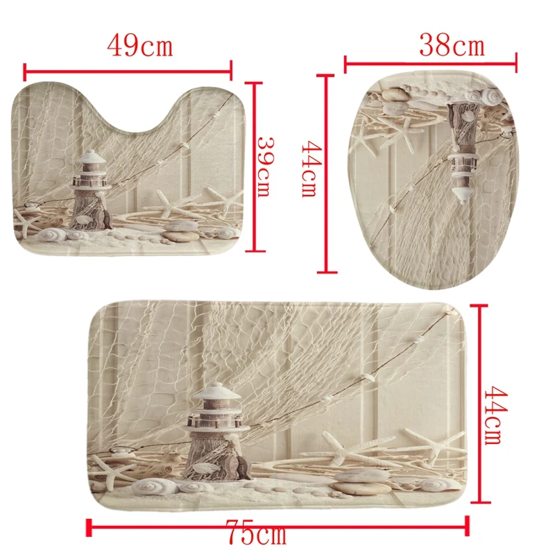 4Pcs Home Bathroom Decor Set Lighthouse Pattern Toilet Seat Cover Bath Mat Set+Waterproof Shower Curtain