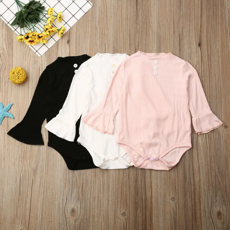 

CANIS Autumn Newborn Baby Girl Kid Long Bell Sleeve Solid Color Basic Jumpsuit Bodysuit Outfit Clothes Tops