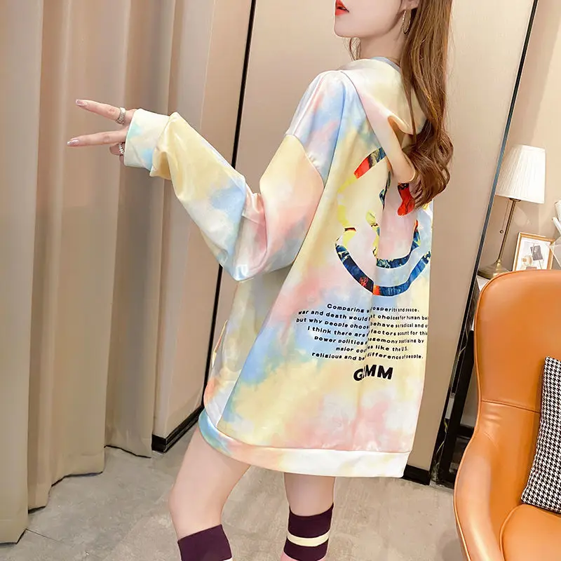 

Tie-Dye Printed Hooded Women's Autumn Korean-Style Student Loose and Plus-sized Lazy Mid-Length