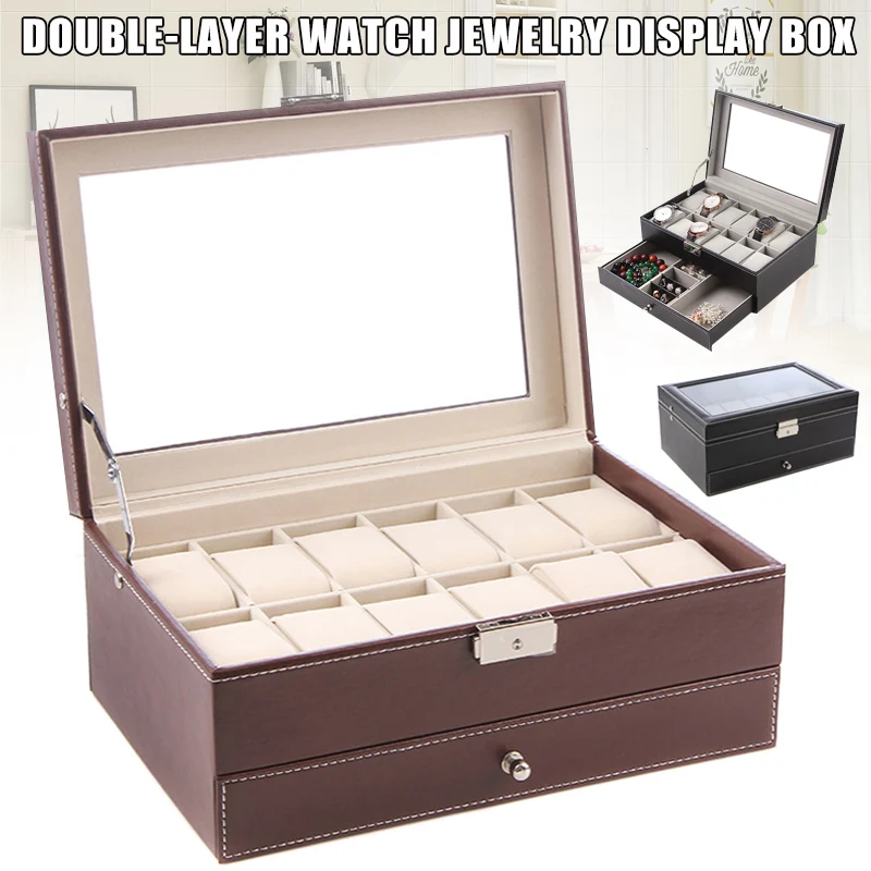 

12 Slots Watch Protective Box PU Leather Case Display Organizer Elegant 2 Layers Storage Tray KQS8