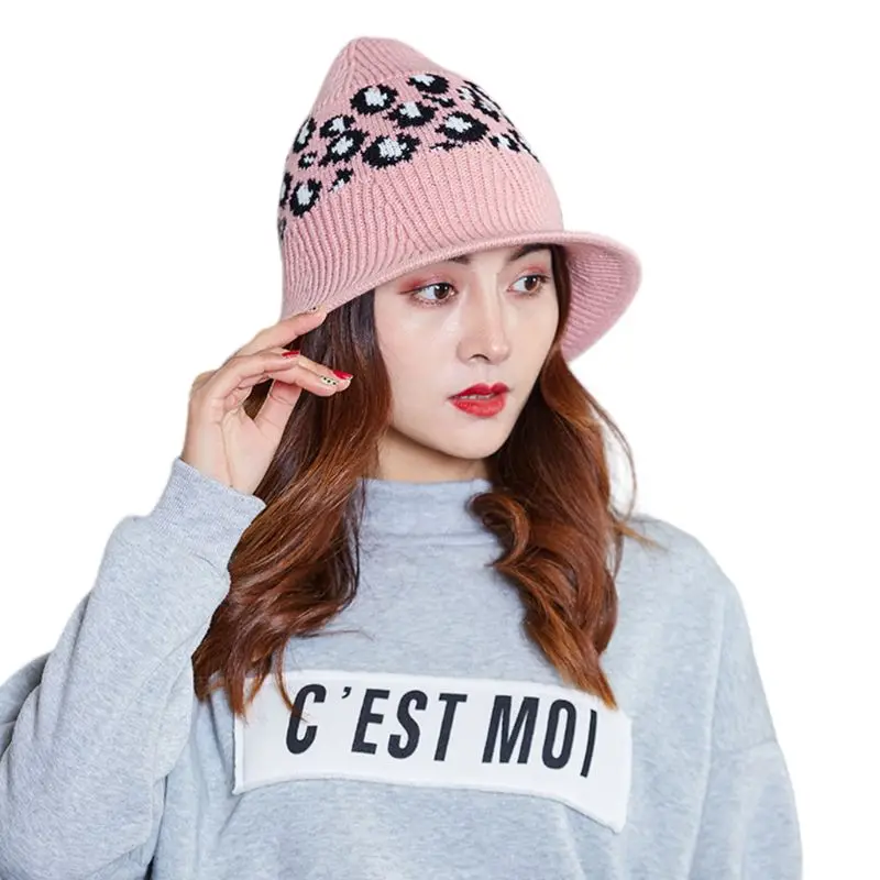 4 Womens Winter Ribbed Knit Bucket Hat Leopard Jacquard Short Brim Fisherman Cap C6UD - Цвет: 4