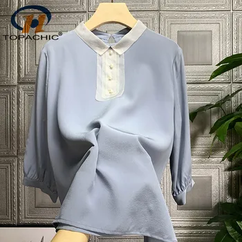 

4.14 Fashion Patchwork Silk Shirt Women Three Quarter Sleeve Temperament Mesh Button Lace Decoration Blouse