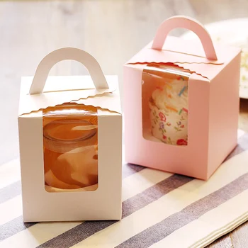 

Single Muffin Box Portable 24pc Small Biscuit Candy Box Pink Window Cupcake Box Mousse Mud Pudding Bottle Packaging Cup Gift Box
