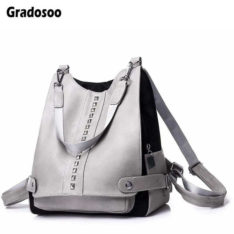 

Gradosoo Punk Style Rivet Backpack Female PU Leather Backpack School Bag For Girl Travel Shoulder Bags Women Famous Brand LBF45