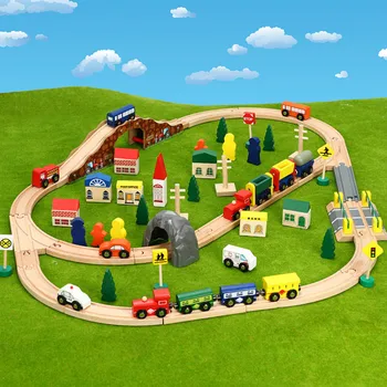 

6 In 1 Wooden Train Track Set Kids Wooden Railway Puzzle Slot Transit Wood Rail Transit Wood Train Railway Electric Toy Trains