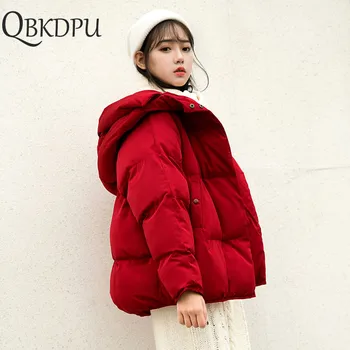 

Women Plus Size Short Loose Parkas Casual Warm Winter Jacket Coat Red Cotton-padded Hooded Outerwear Autumn Thicken Clothing