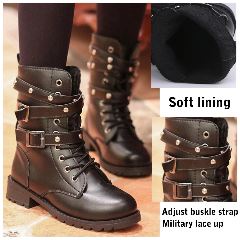 Kaufen Frauen Leder Mitte Wade Stiefel Vintage Spitze Up Gürtel Armee Punk Gothic Motorrad Stiefel Runde Kappe Herbst Winter Schwarz kampf Stiefel