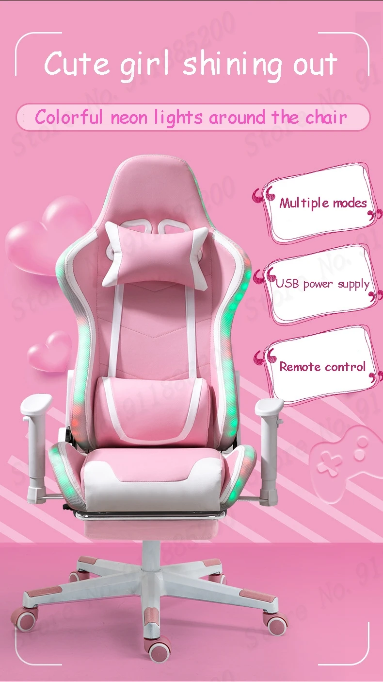 Description Picture 3 of item2023 hot sale upgrade with light pink cute girl game chair girls bedroom chair anchor live rotating computer chair with light