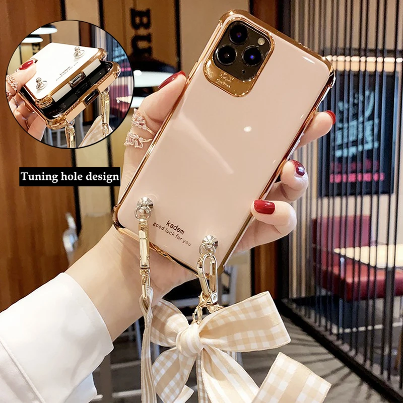 for iPhone 12 Mini Pro Max 11 XR X XS 8 7 6 6S Plus SE2020 Bowknot Crossbody Strap Lanyard Airbag Plating Silicon Cover Shell | Мобильные