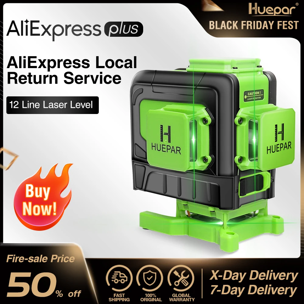 US $155.36 Huepar 12 Lines 3d Cross Line Laser Level Multifunction Green Beam Line With Remote Control Li Ion Battery For Tiles Floor
