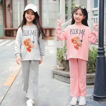 

Spring Girls Clothing Sets Autumn Casual Teenage Cute Bear Print Long Sleeve T Shirt + Pant 2PCS Sport Suits Kids Clothes CL440