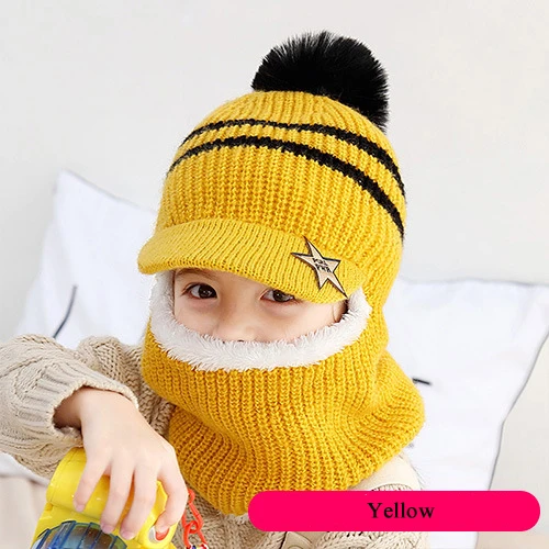 Зимняя шапка шлем детская с помпоном для девочек и мальчиков шапки с теплой флисовой подкладкой бейсболки для детей HT19025 - Цвет: yellow