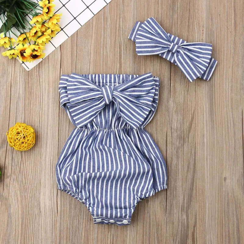 

Cotton Baby Girls Cotton Fashion Bow Striped Hair Band Bodysuit Sleeveless Jumpsuit Outfit Summer Hot