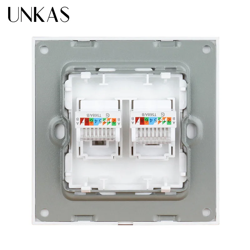 UNKAS белый роскошный кристалл стеклянная панель двойной RJ45 Интернет данных компьютерный разъем CAT5E Разъем розетки