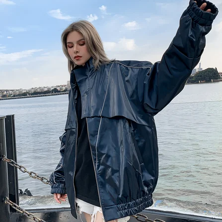 zhukeer Patchwork Leather Cool Street Jackets Women with Chain Stand Collar Hiphop Jacket Streetwewar Women's Jacket