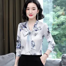 Fashion Silk Blouses Women Satin Print Blouse Women Long Sleeve Shirts Woman V-neck Silk Blouses Ladies Floral Blouse Plus Size