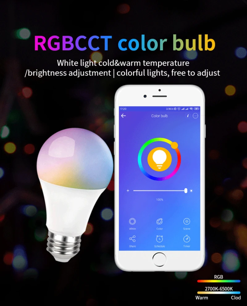 

Ewelink APP Color changing bulb 10W wifi smart led bulb RGBCCT dimmable led lamp voice control work with Alexa wifi door sensor