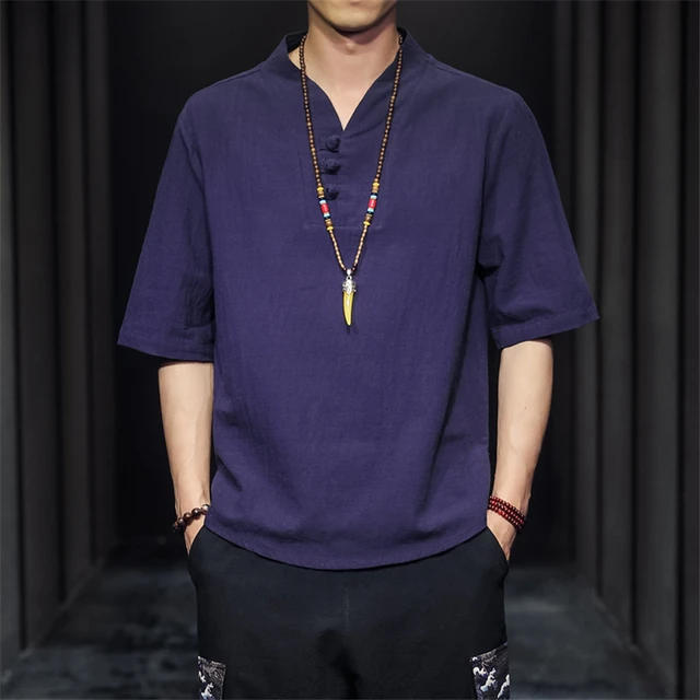 Vintage Collar Cotton Linen Short Sleeved T Shirt Men'S Tang Clothing Plate  Buckle Casual Hanfu Men'S Breathable Cotton Linen Shirt Set Mens Tux  Futuristic Suit Men 