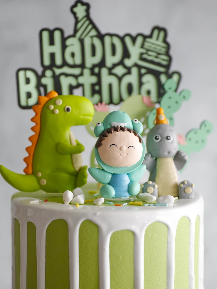 baby shower 4 decorazioni per torte con dinosauri Happy Birthday Cake topper a tema foresta decorazione per torte per feste di compleanno per bambini rosa 