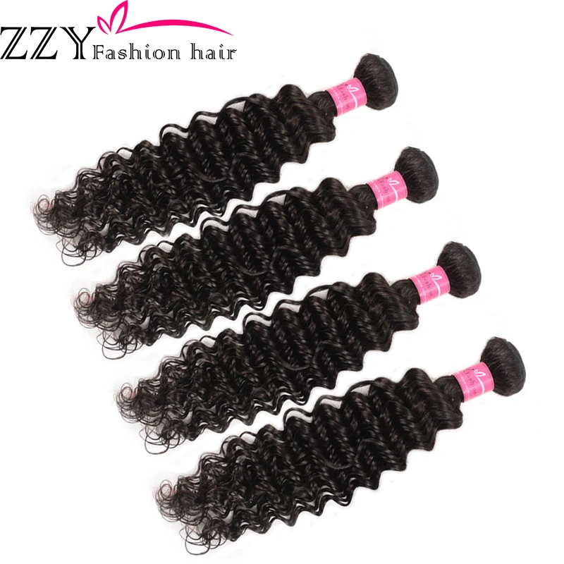 ZZY Fashion Deep Wave Peruvian Hair Weave Bundles Natural Color Human Hair Bundles M Ratio Non-Remy Hair Extensions 4 Bundles