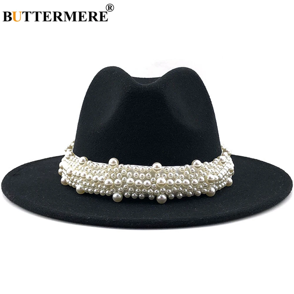 Women Fedora Hat Jazz Casual Pearl Felt 58-61CM
