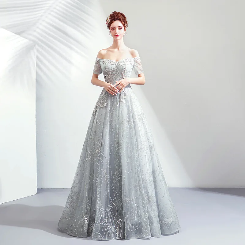 Light Grey Beauty-Emily с открытыми плечами вечернее платье с кружевной аппликацией платья Длинные Выпускные платья бисер Тюль Вечерние платья Кристалл Vestido de noche - Color: Light Grey