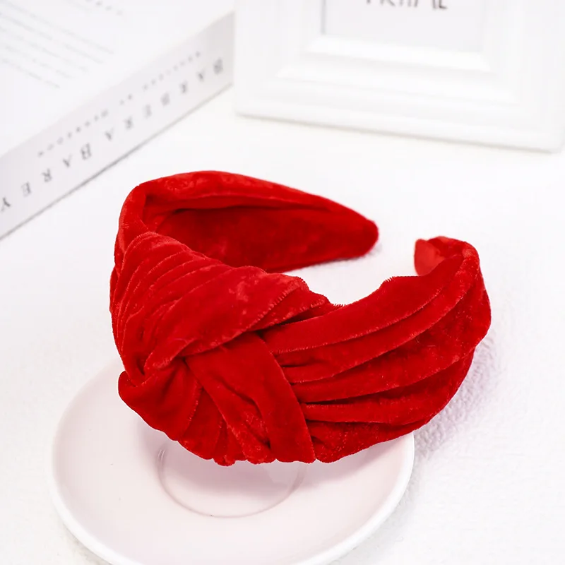 Новые бархатные плетеные повязки для волос для женщин, повязка на голову с перекрестными узелками, Высококачественная однотонная тканевая лента для волос, аксессуары для волос ручной работы - Цвет: Красный