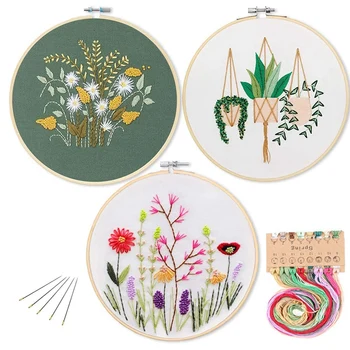 

3 Pack Embroidery Starter Kit with Pattern, Full Range of Stamped Embroidery Kit (Floral Plants)