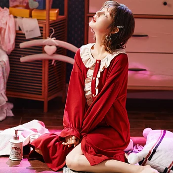 

Trend Red Ruffles Home Women Nightgowns Princess Style Long Night Dress House Students Cute Young Ladies Red Sleepwears
