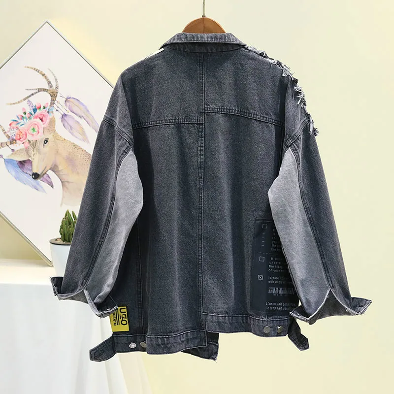 remarkable  2019 Autumn Black Denim Jacket for Women Asymmetrical Loose Splicing Washing Cowboy Jean Coat Femme
