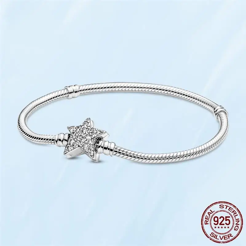 TOP SALE 925 Sterling SILVER Heart Snake Chain Fashion Bracelets For Women Fit Original Pandora Charm Beads Jewelry Gift