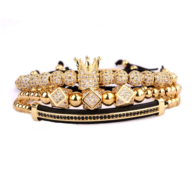 Luxury CZ Micro Pave Ball Crown Bracelets Men Women Braided Beaded Adjustable Bracelet Set