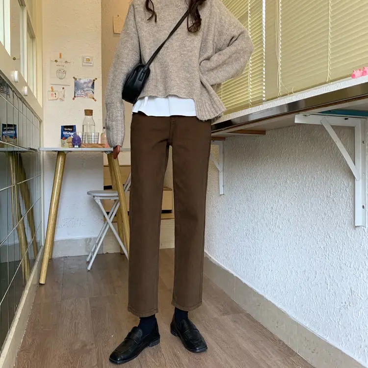 Jeans Women Solid Straight High Waist Jean Retro Korean Style BF Autumn Ankle-length Causal Denim Womens Simple Ins Trendy Daily