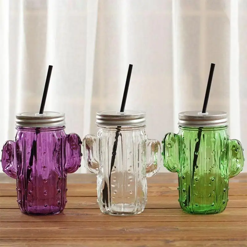 

400ml Creative 3D Cactus Glass Mason Cold Drink Jar Mug with Lid and Straw Transparent Beach Cup Outdoor Travel Portable Cup
