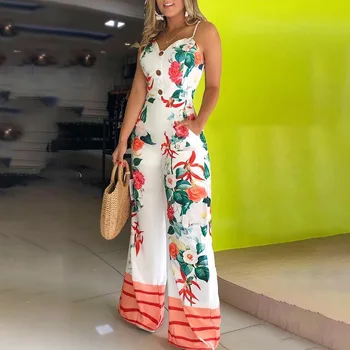 

WEPBEL Sleeveless Strap V Neck Loose Jumpsuit Floral Flower High Waist Button New Casual Fashion Ladies Jumpsuit Pants